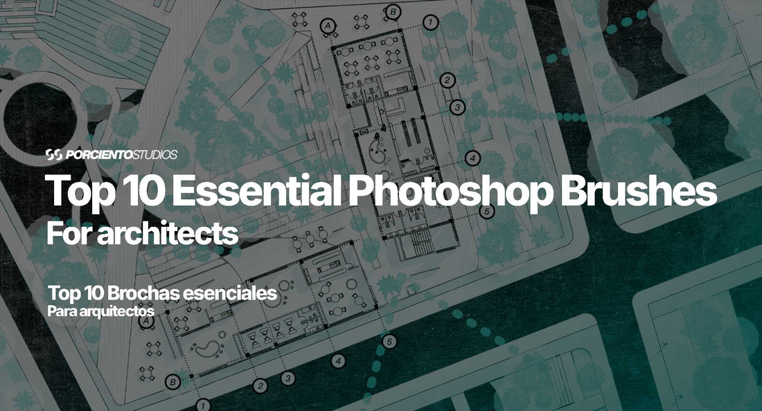 Top 10 essential Photoshop brushes for architects – architectural plan background with diagram overlays, presentation workflow tools and digital brushes for architecture visualization (brochas de Photoshop para arquitectura)